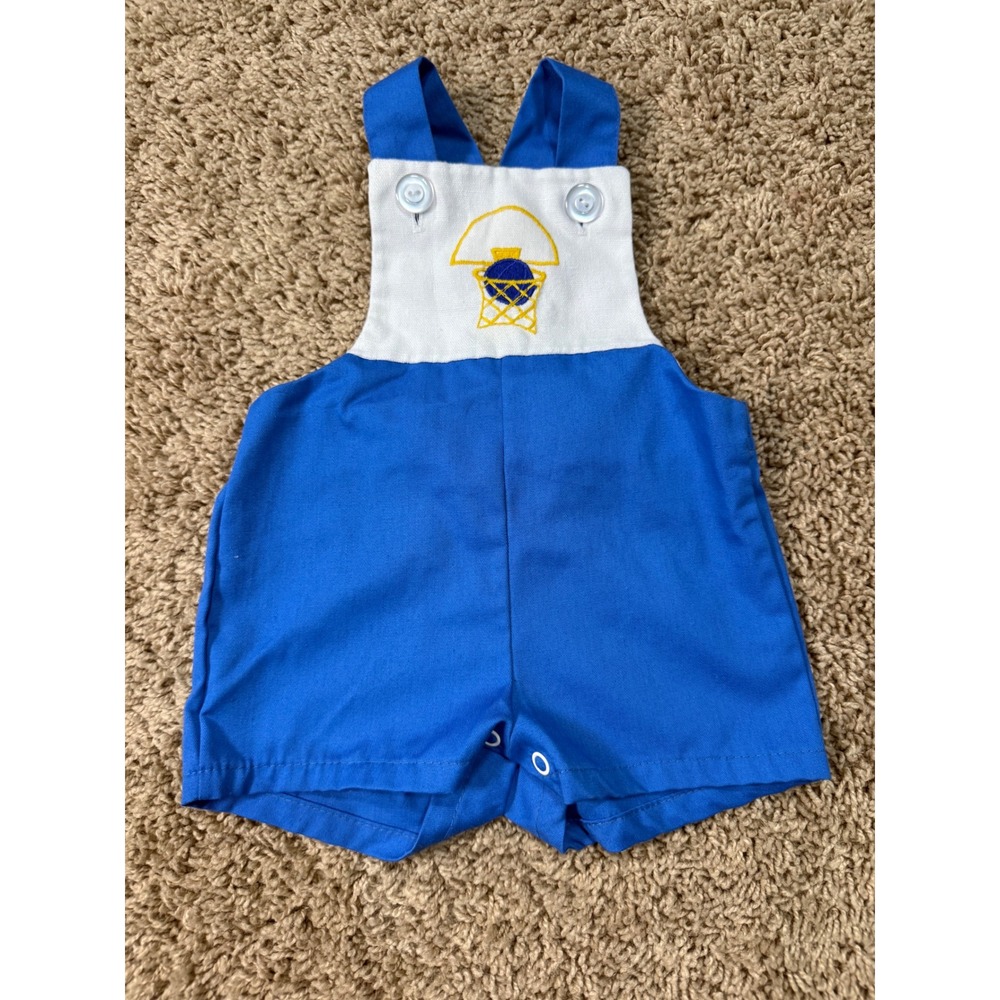 Vintage Blue White Basketball Embroidered Overalls Romper 12 Months 70s 80s USA